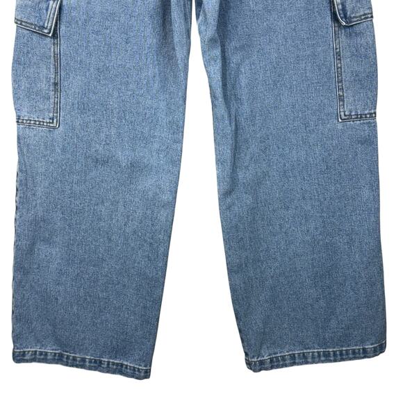 Cider Large Wide Leg Cargo Jeans Hi-Wash Button-Flap Pockets Zip-Fly Light Wash - Picture 7 of 8